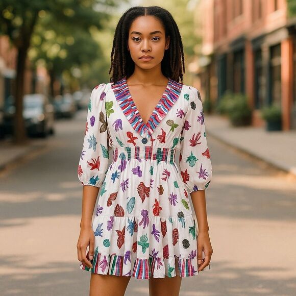 Vintage Mosaic Ruffled Mini Dress Womens XS Summer Beach Coastal Vacation - Picture 1 of 16